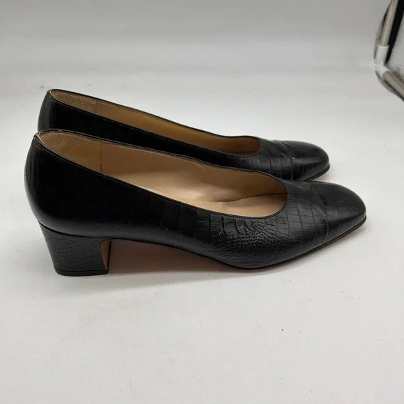 Salvatore Ferragamo Black Croc Leather Block Heel Pump Square Toe Italy Size 7.5 - Picture 5 of 10